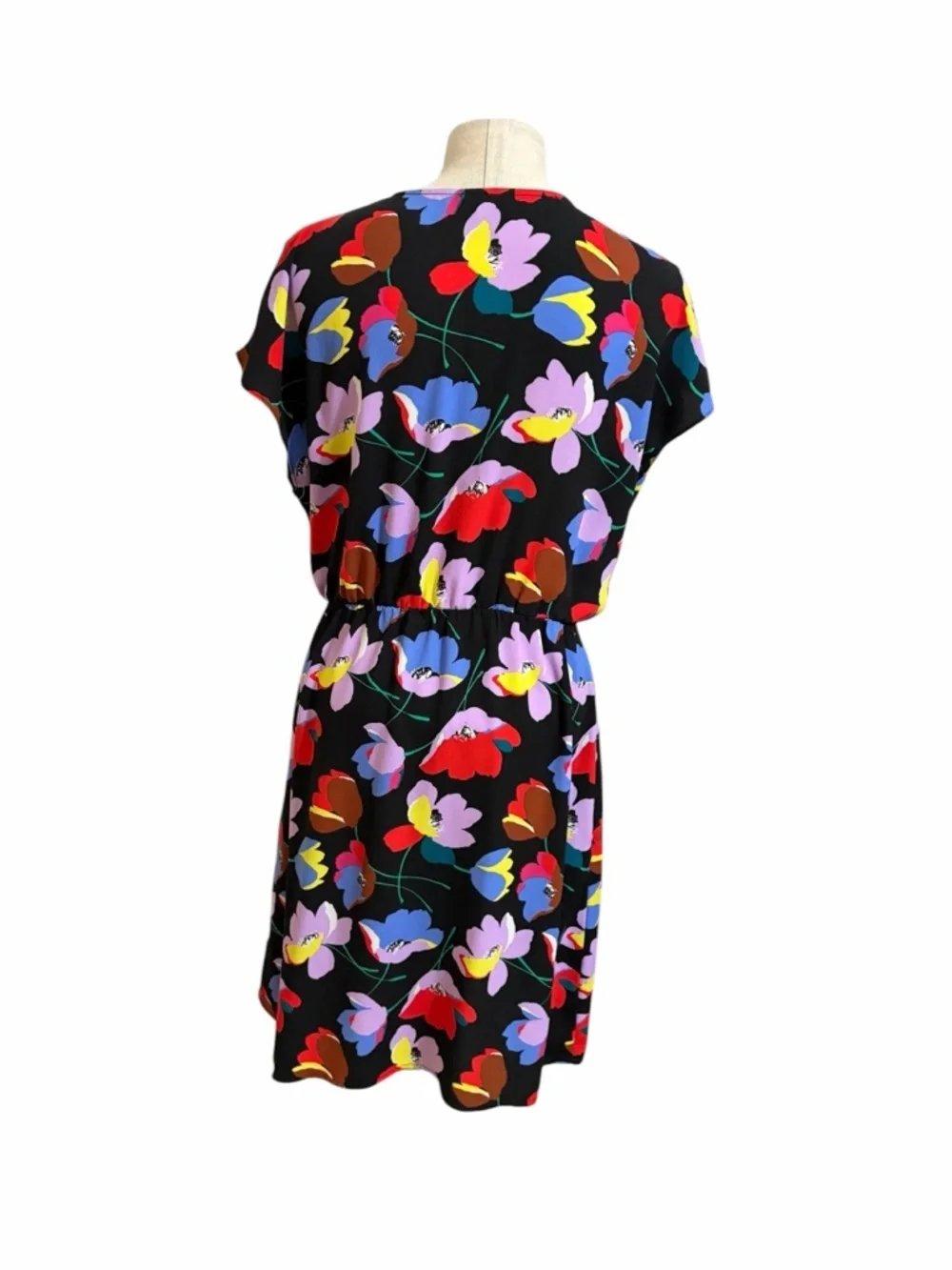 Halogen Bold Floral Motif V-Neck Elastic Waist Dress Black Cottagecore Size M